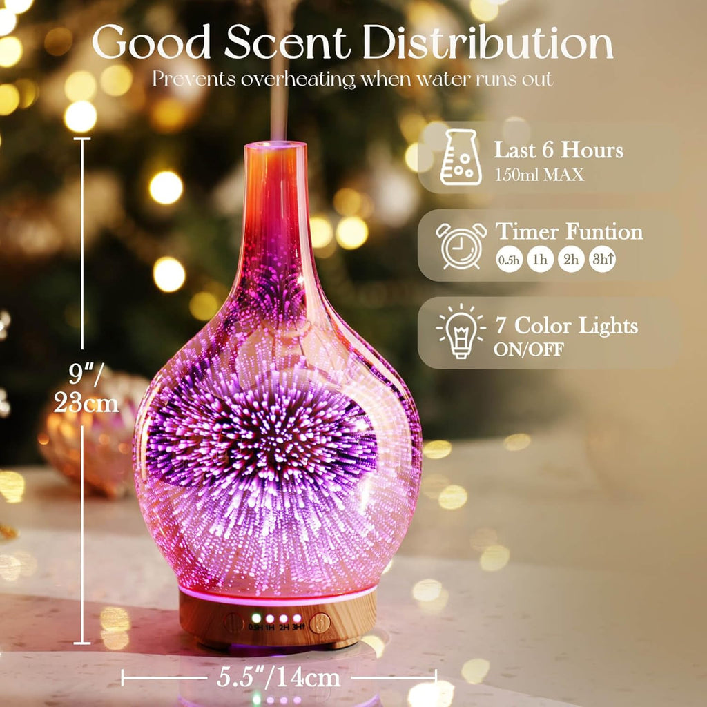Rose Gold Essential Oil Diffuser 3D Glass Aromatherapy Ultrasonic Humidifier, Waterless Auto-Off, Timer Setting, BPA Free, Air Refresh for Home Hotel Yoga Leisure SPA Gift 150Ml