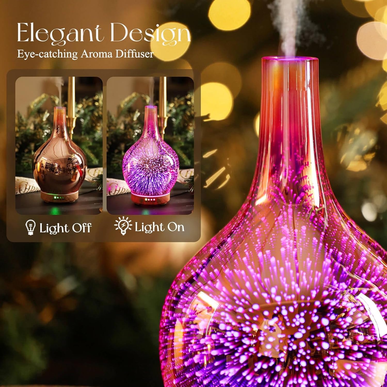 Rose Gold Essential Oil Diffuser 3D Glass Aromatherapy Ultrasonic Humidifier, Waterless Auto-Off, Timer Setting, BPA Free, Air Refresh for Home Hotel Yoga Leisure SPA Gift 150Ml